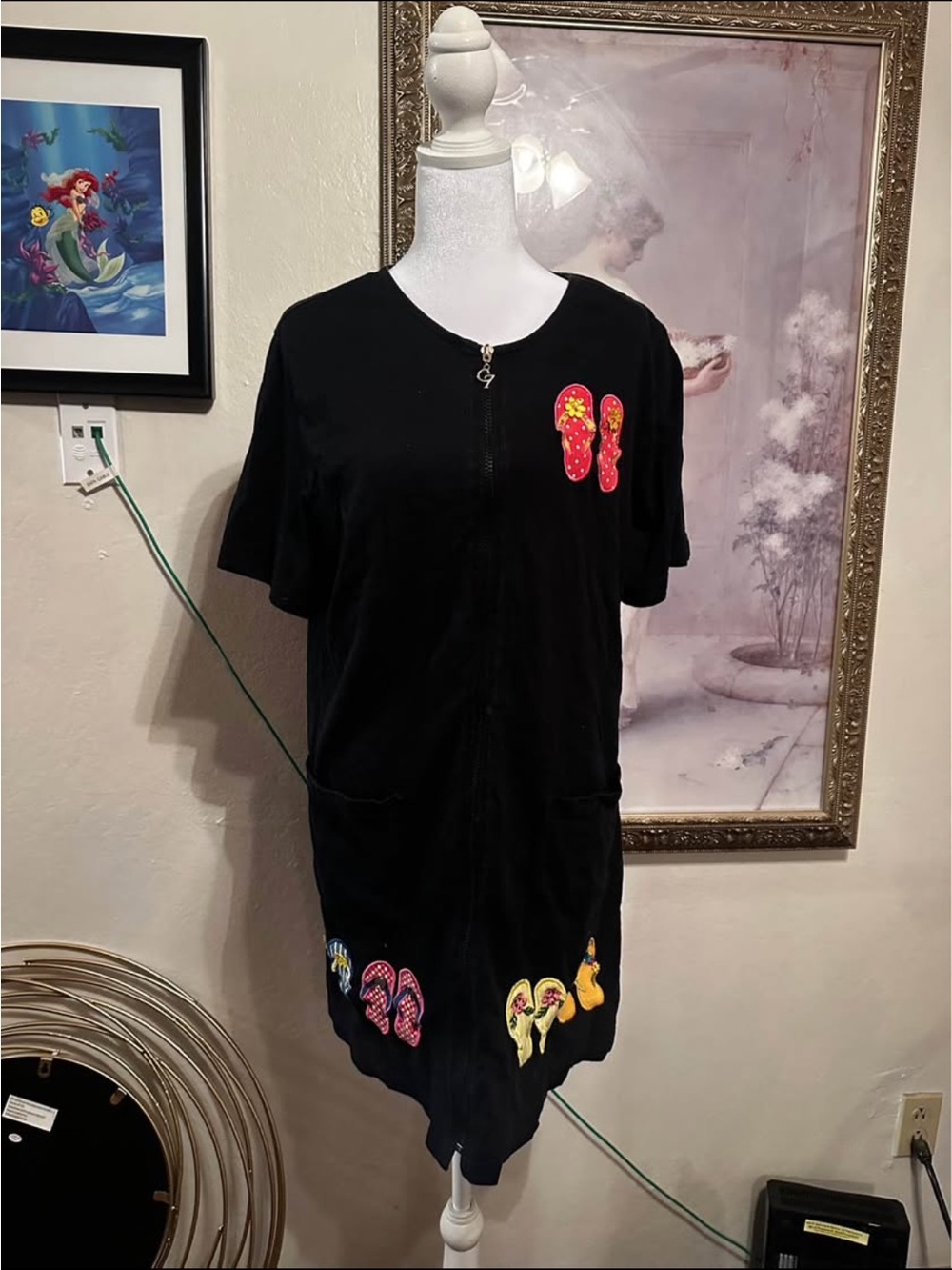 Vintage Black Swim Coverup with Flip Flop Embroidery